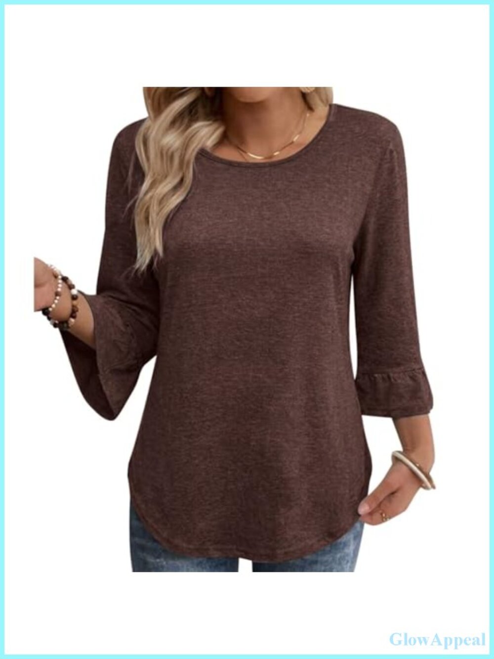 Women's 3/4 Bell Sleeve Ruffled T-Shirt Crew Neck Slim Fit Casual